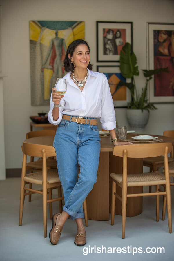 Crisp White Button-Down with High-Waisted Jeans