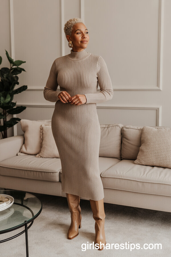 Ribbed Midi Knit Dress with Knee-High Boots
