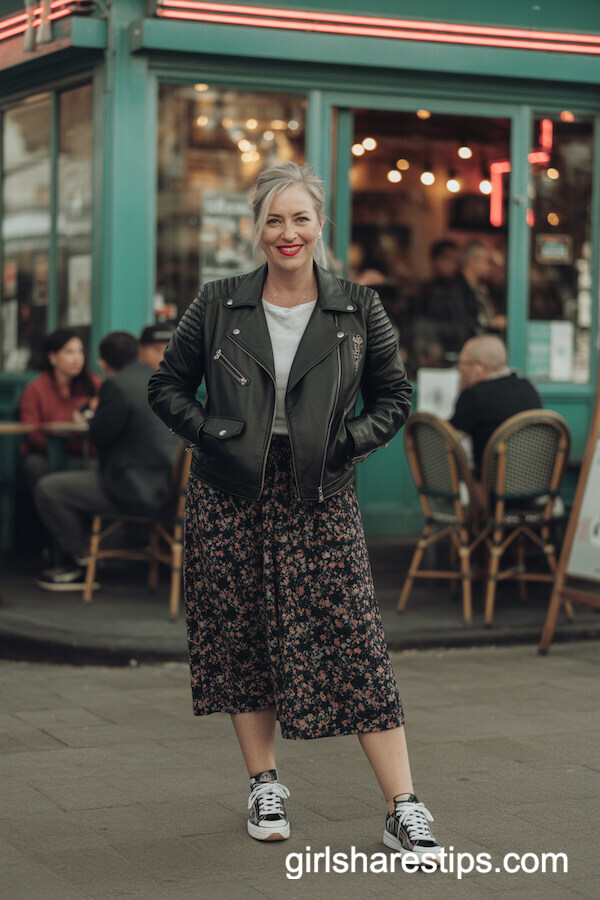 Leather Moto Jacket with Floral Midi Skirt