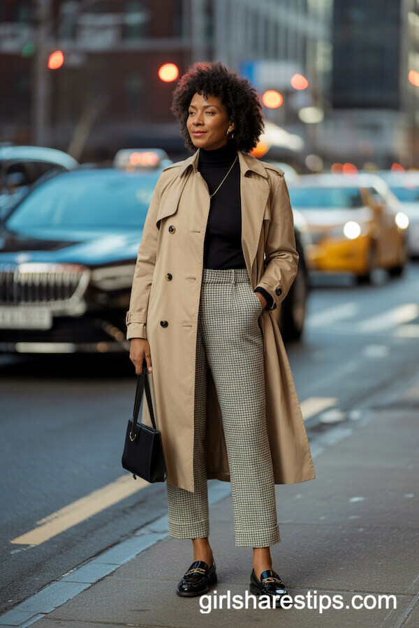 Beige Trench Coat with Plaid Trousers