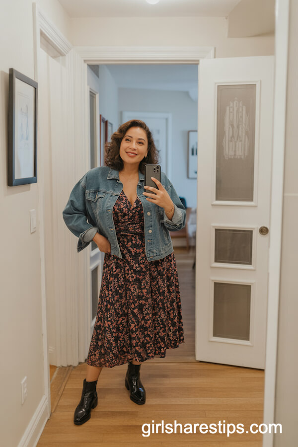 Floral Wrap Dress with Denim Jacket
