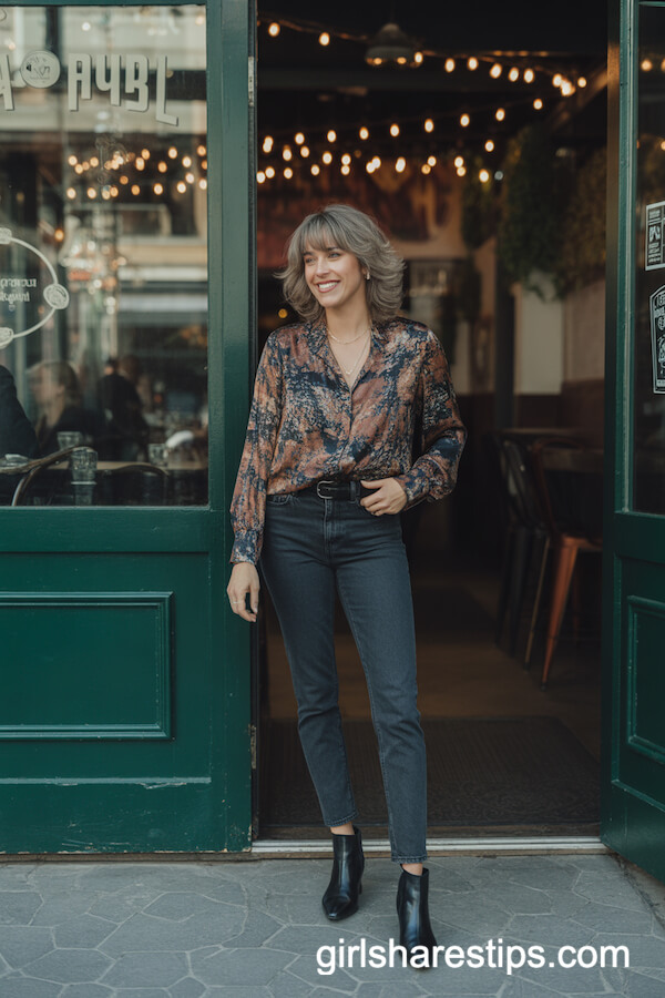 Silky Printed Blouse with Dark Wash Jeans
