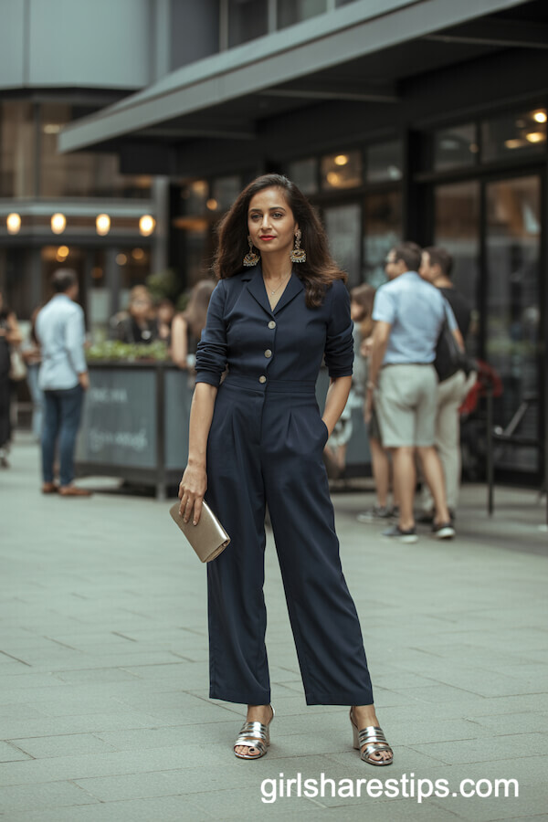 Navy Tailored Jumpsuit with Metallic Sandals