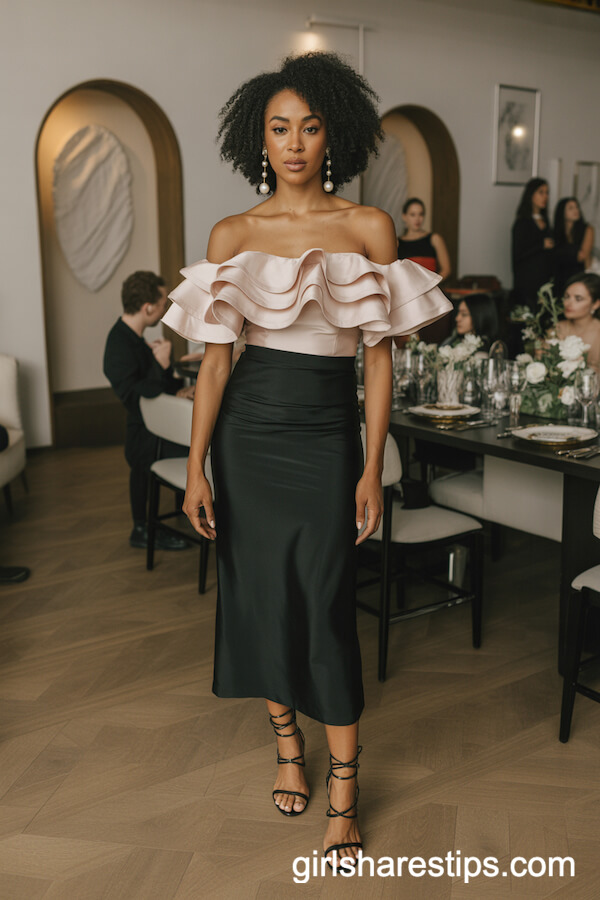 Off-the-Shoulder Ruffled Top Black Midi Skirt