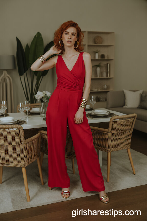 Red V-Neck Jumpsuit with Bold Gold Jewelry