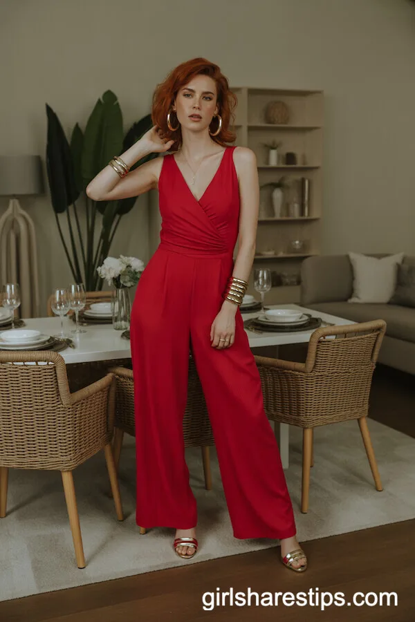 Red V-Neck Jumpsuit with Bold Gold Jewelry