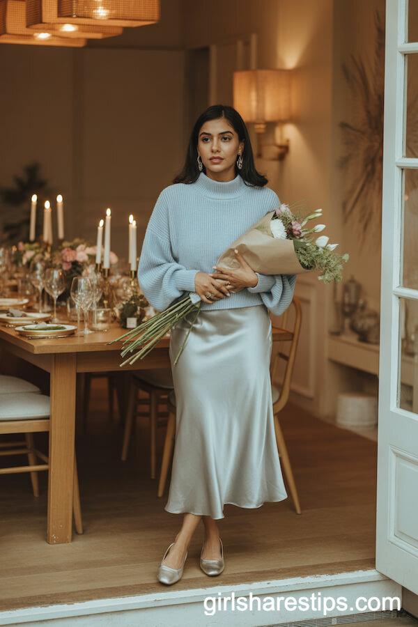 Blue Knit Top and Satin Midi Skirt Duo