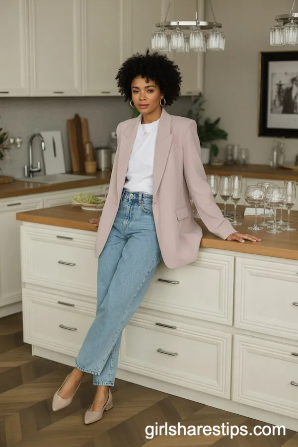 Pastel Blazer and High-Waisted Jeans Sophistication