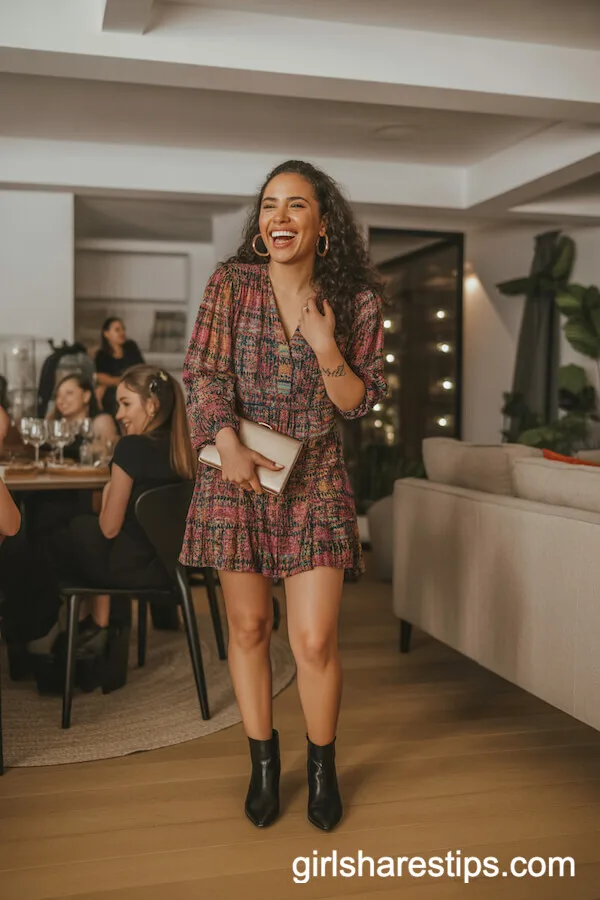 Vibrant Printed Mini Dress with Ankle Boots