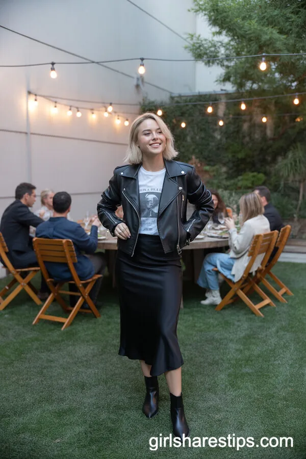 Edgy Leather Jacket and Sleek Midi Skirt Combo