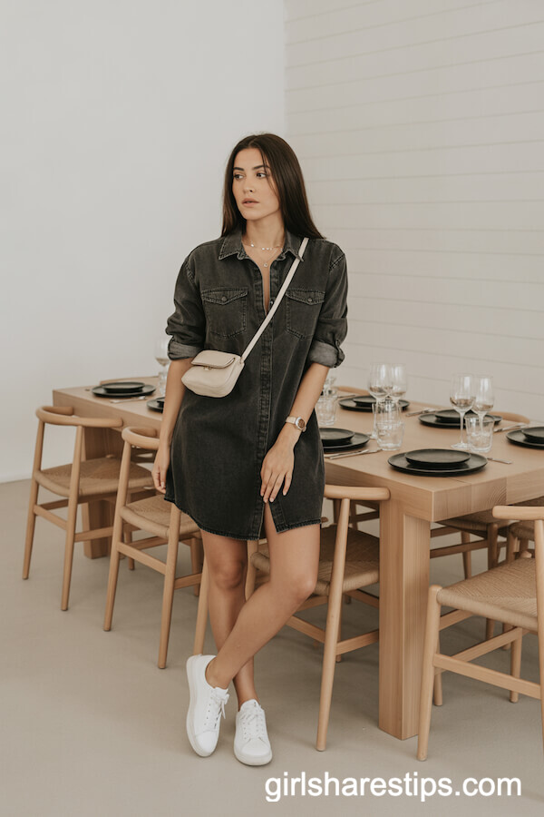 Casual Denim Shirt Dress Styled with Sneakers
