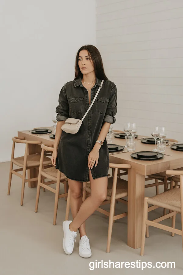 Casual Denim Shirt Dress Styled with Sneakers
