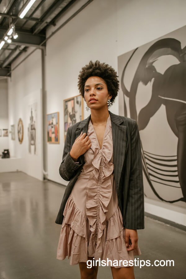 Blush Pink Ruffle Dress and Pinstripe Blazer