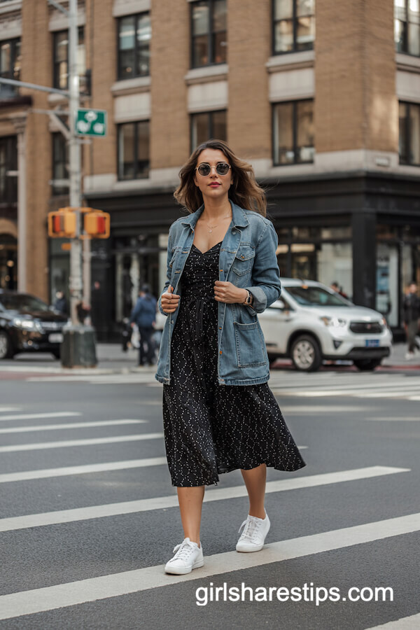 Polka Dot Dress with Denim Blazer