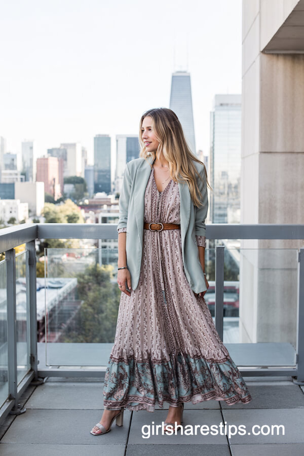 Boho Maxi Floral Dress with Light Gray Blazer