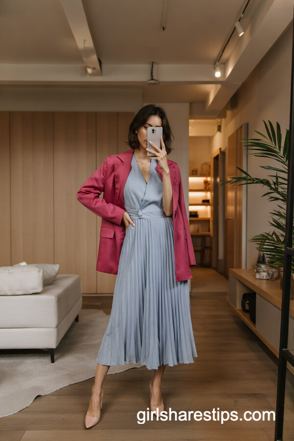 Pleated Blue Dress and Fuchsia Blazer