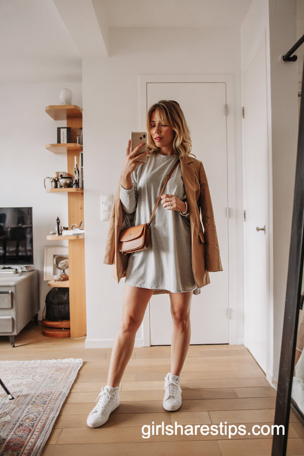 Gray T-Shirt Dress and Camel Blazer