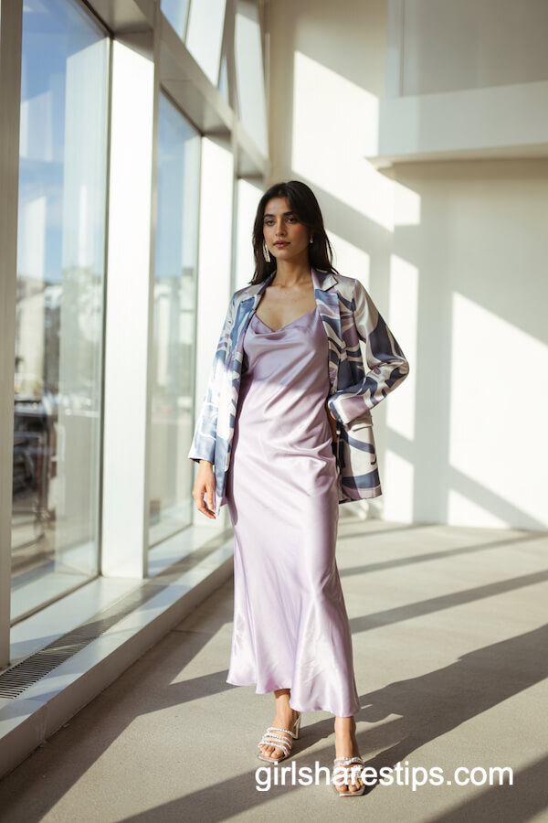 Lilac Slip Dress with Patterned Blazer