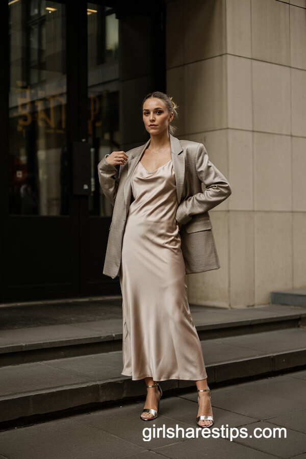 Champagne Slip Dress and Beige Oversized Blazer