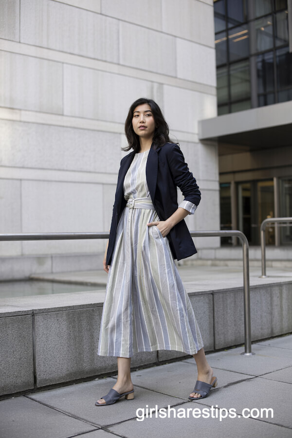 Pastel Striped Dress and Navy Blazer
