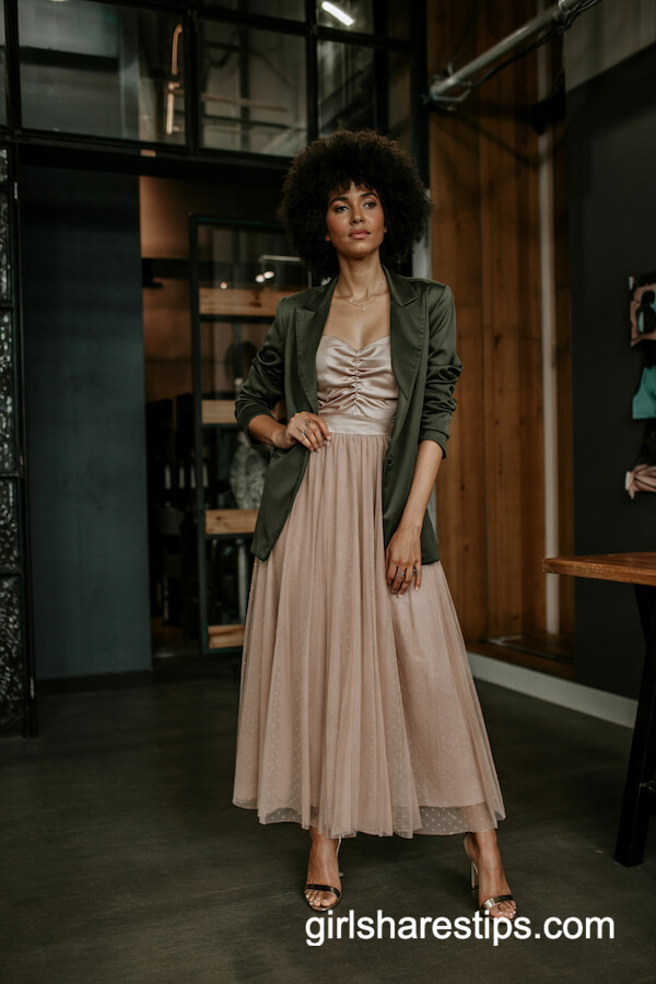 Blush Tulle Dress and Dark Green Blazer
