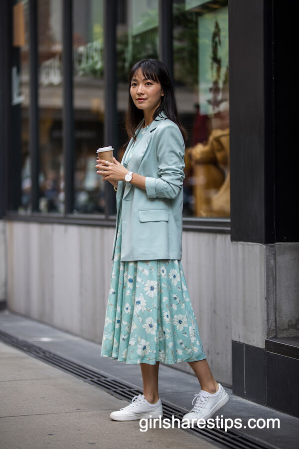 Floral Dress with Pastel Blue Blazer