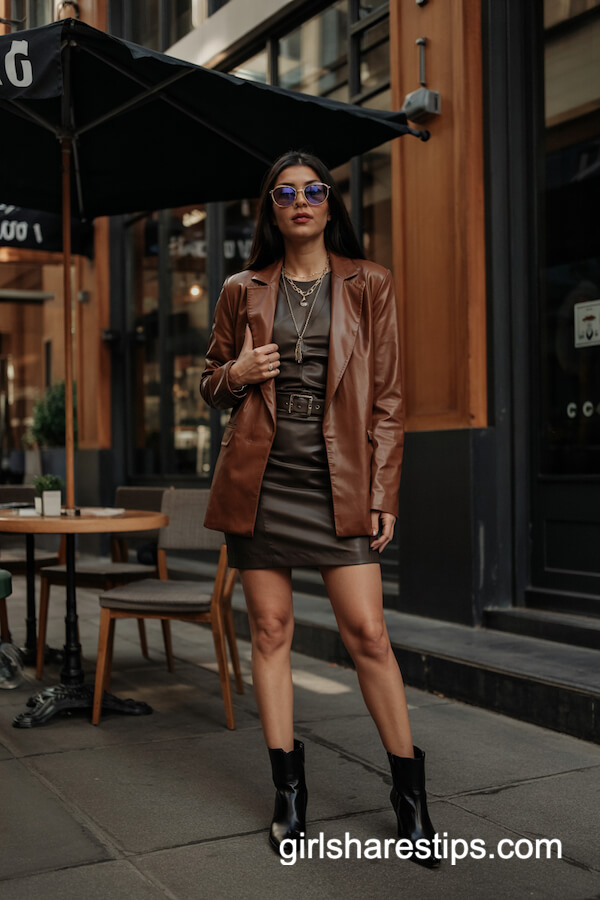 Black Mini Dress with Brown Leather Blazer