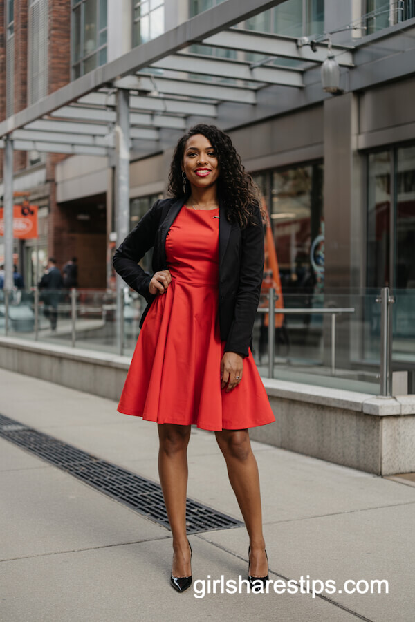 Red Dress and Classic Black Blazer