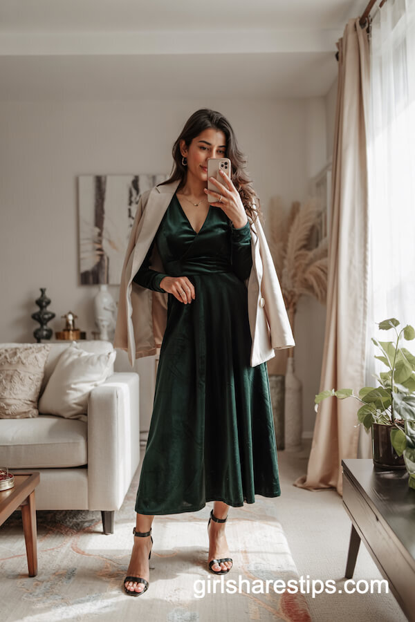 Green Velvet Dress and Cream Blazer