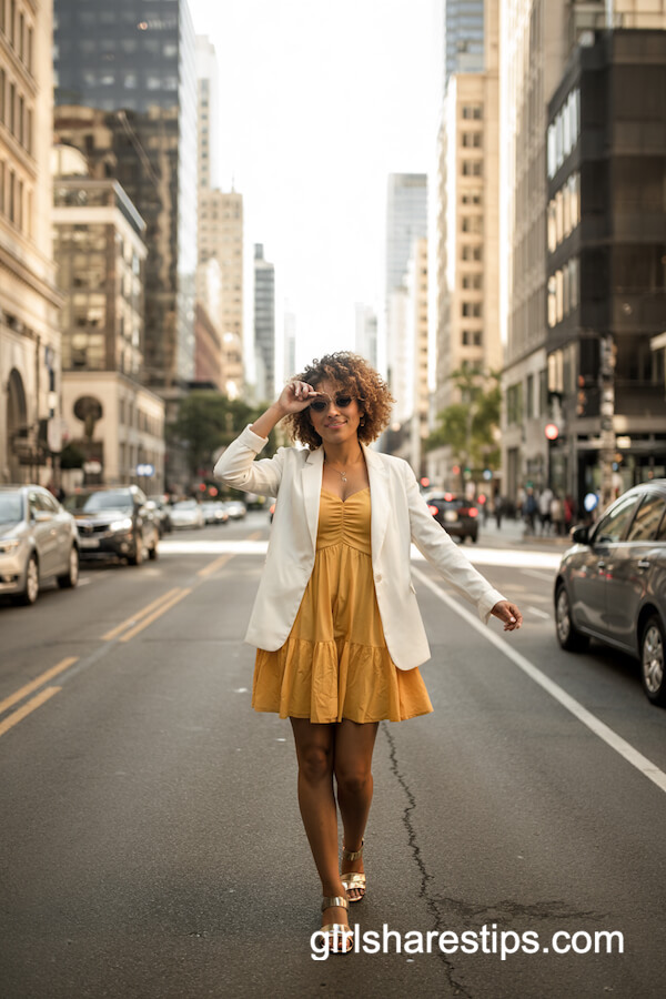Yellow Sundress with White Blazer