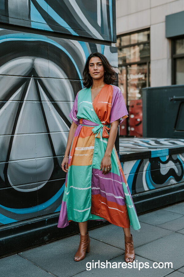 Colorful Wrap Dress and Peep-Toe Booties
