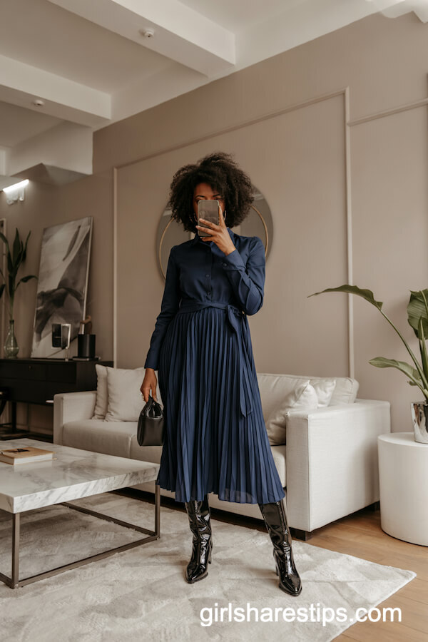 Pleated Midi Dress with Patent Leather Boots