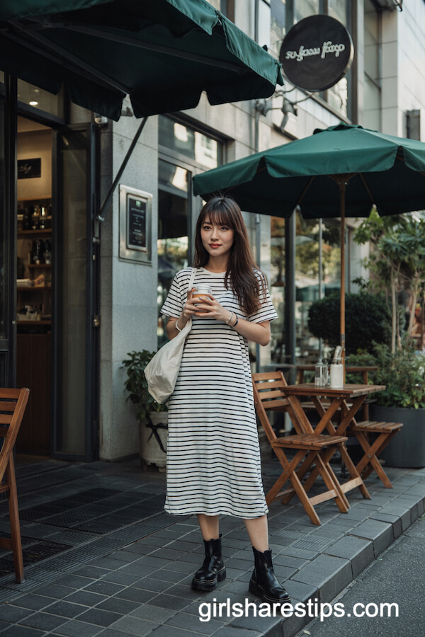 Striped T-Shirt Dress with Chunky Boots