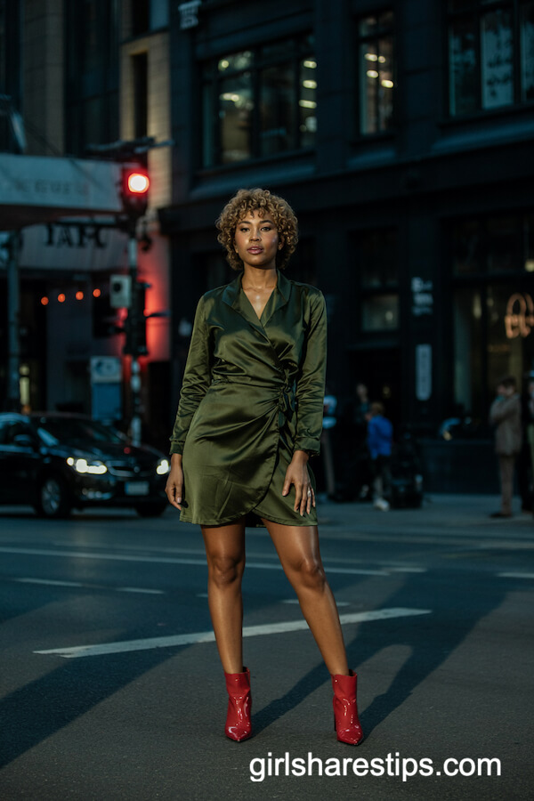 Satin Wrap Dress and Red Patent Boots