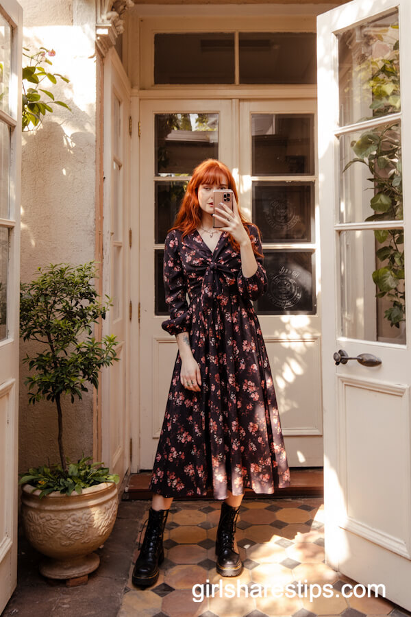 Vintage Floral Dress with Black Lace-Up Boots