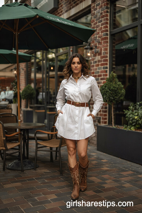 White Shirt Dress with Cowgirl Boots