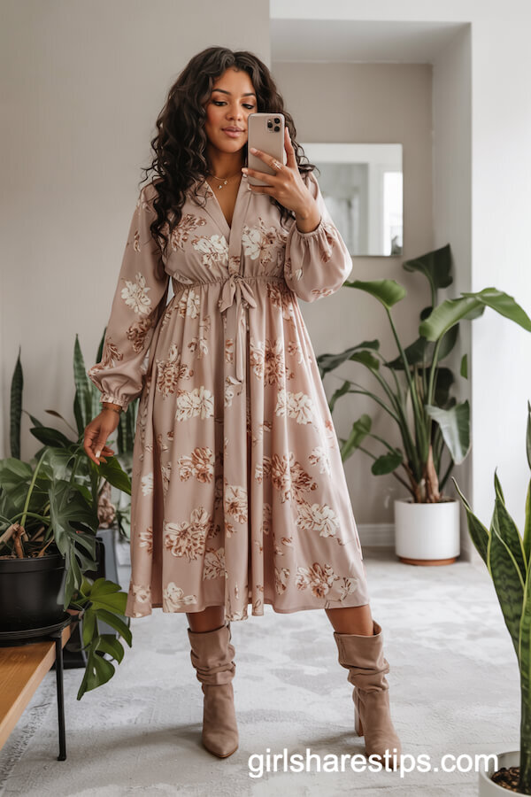 Floral Midi Dress with Slouchy Suede Boots