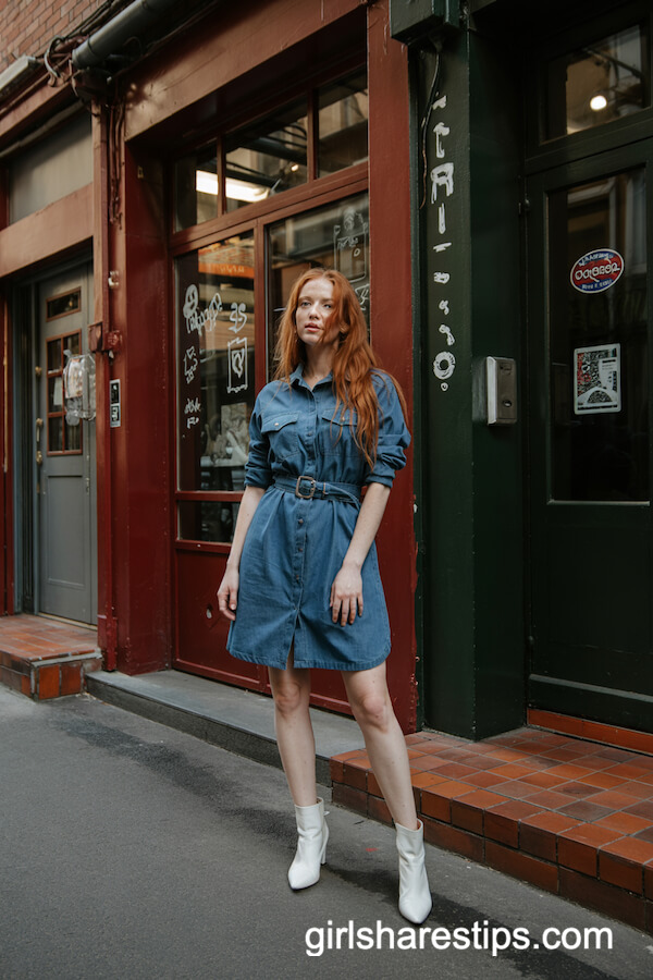 Denim Shirt Dress and White Ankle Boots