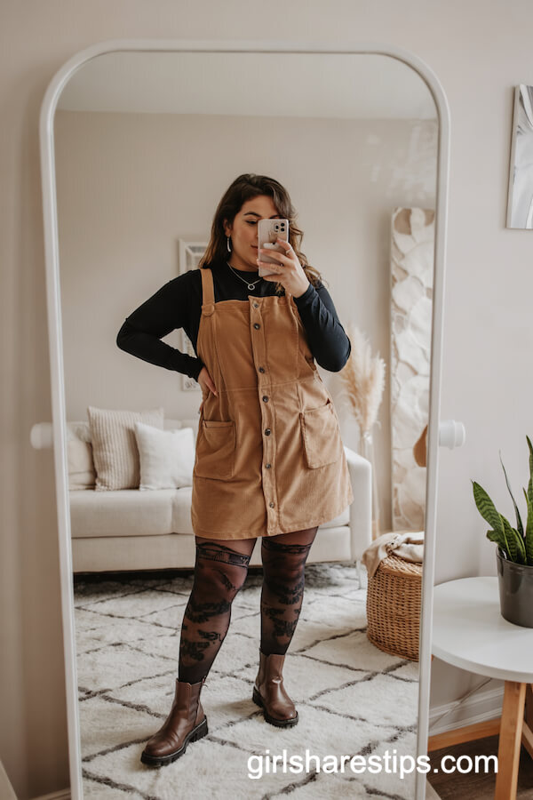 Tan Corduroy Dress with Patterned Stockings