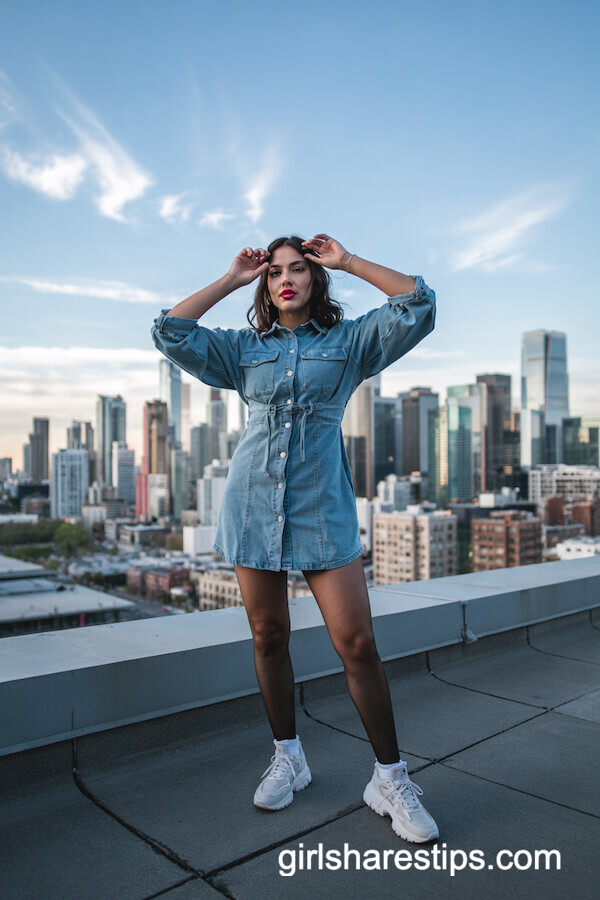 Denim Dress with Sheer Tights