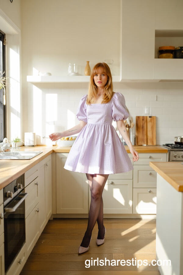 Lilac Mini Dress with Sheer Black Tights