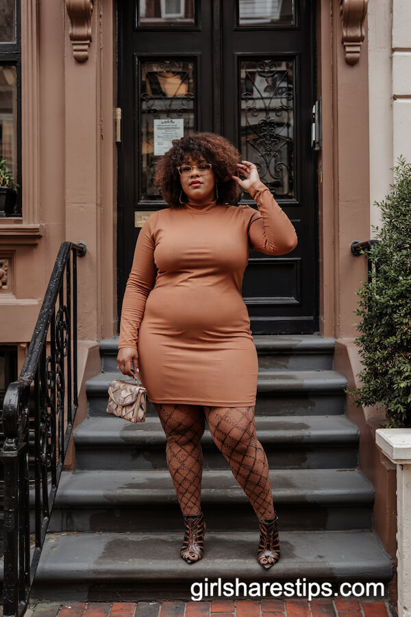 Rust Bodycon Dress with Geometric Tights