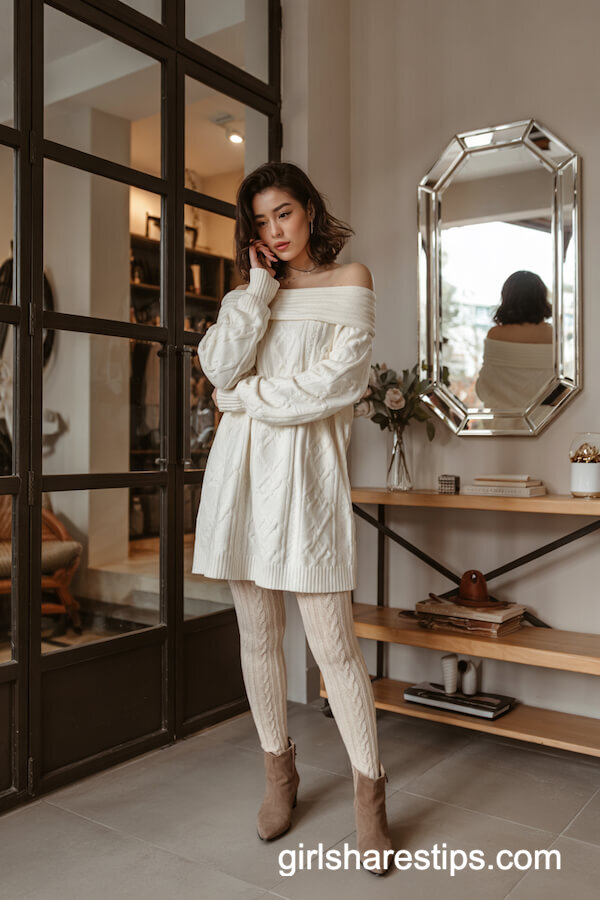 White Sweater Dress with Cable Knit Tights