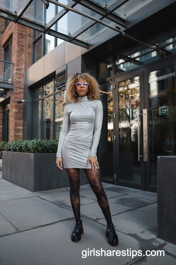 Gray Mock Neck Dress with Print Tights