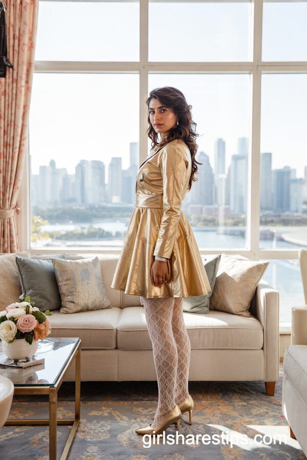 Gold Mini Dress with Patterned Stockings