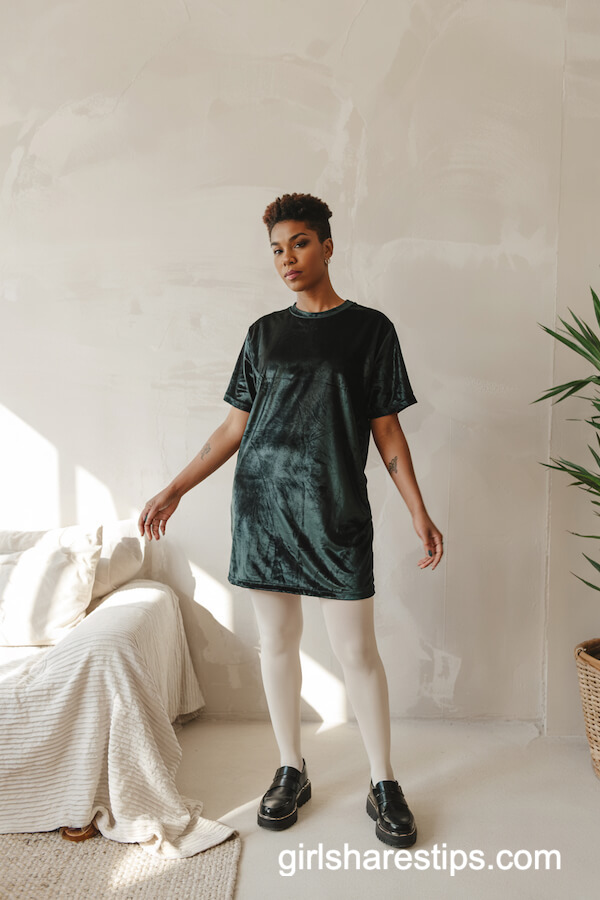 Green Velvet Dress with White Tights