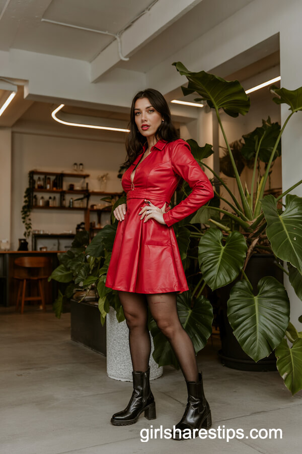 Red Dress with Black Opaque Stockings