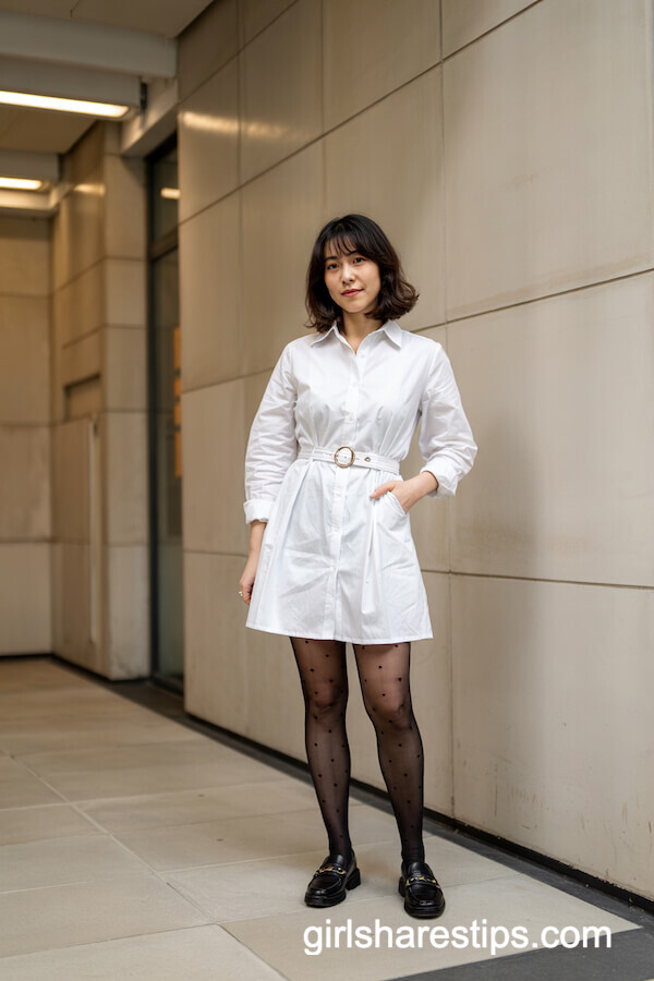 White Shirt Dress with Polka Dot Tights