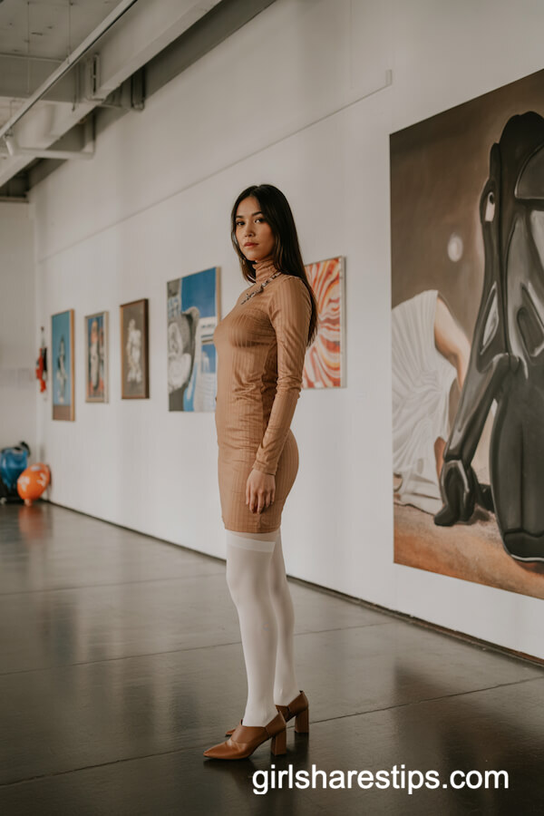 Camel Dress with White Stockings