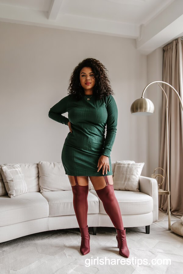 Green Knit Dress with Burgundy Stockings
